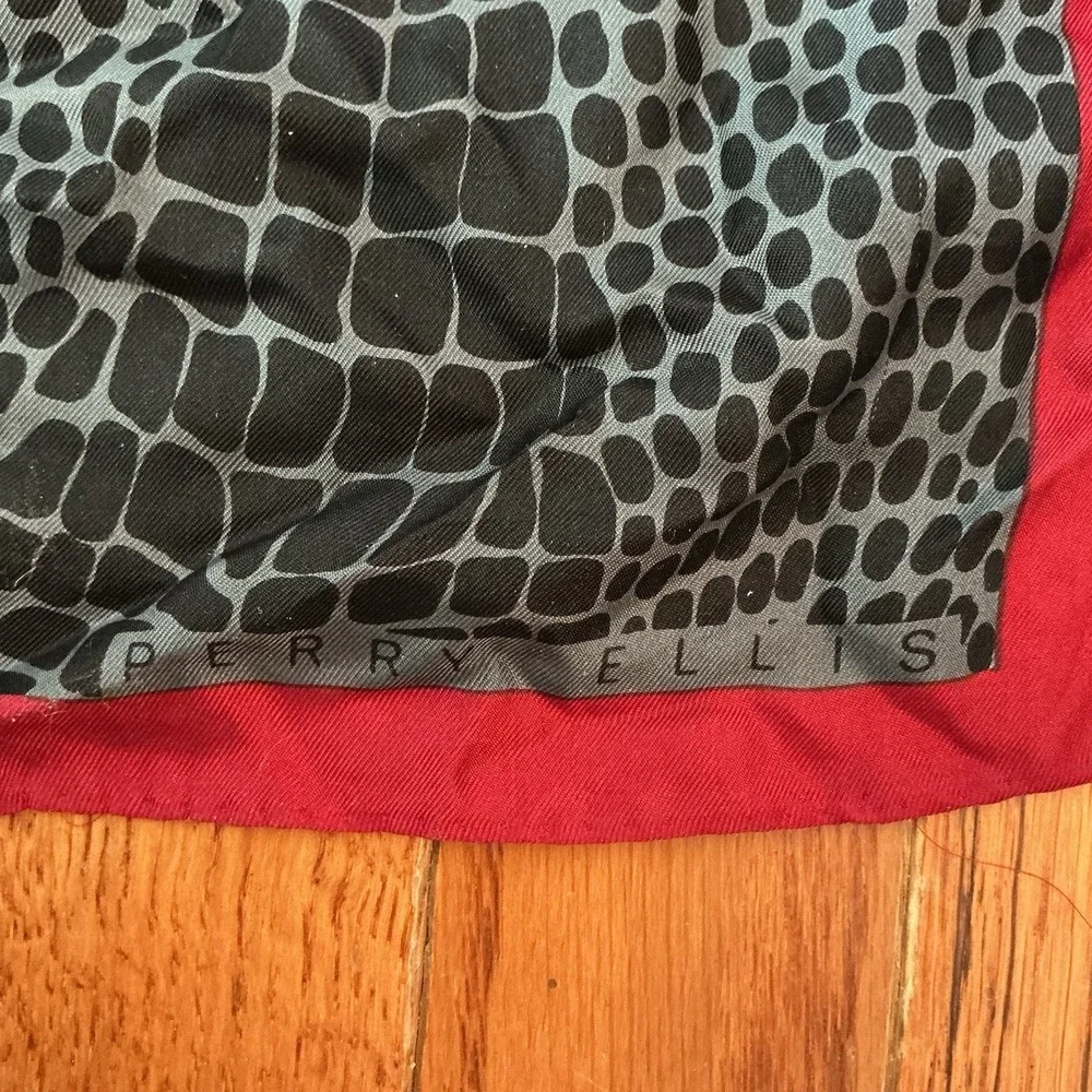 Large Perry Ellis Silk Scarf Wrap Black Red Bordered Career Business